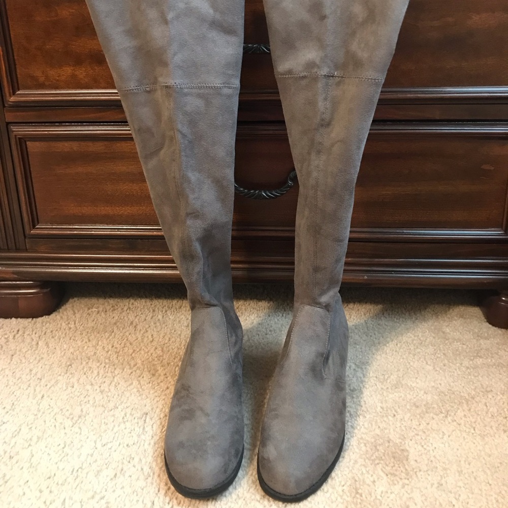 Boots, flat, over-the-knee, grey, faux suede